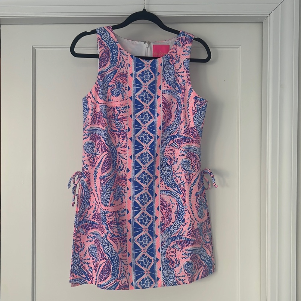 Lilly Pulitzer DONNA ROMPER Short Coastal Blue Maybe Gator Pink size 4 skort